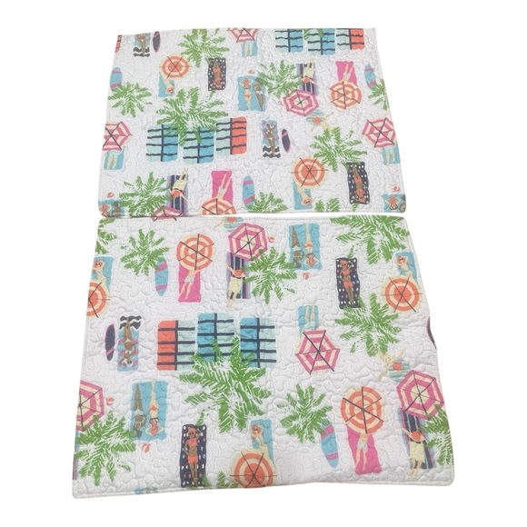 Beach Pillow Shams 2 Quilted Standard Tropical Print Tie Closure Coastal Core - Picture 1 of 5